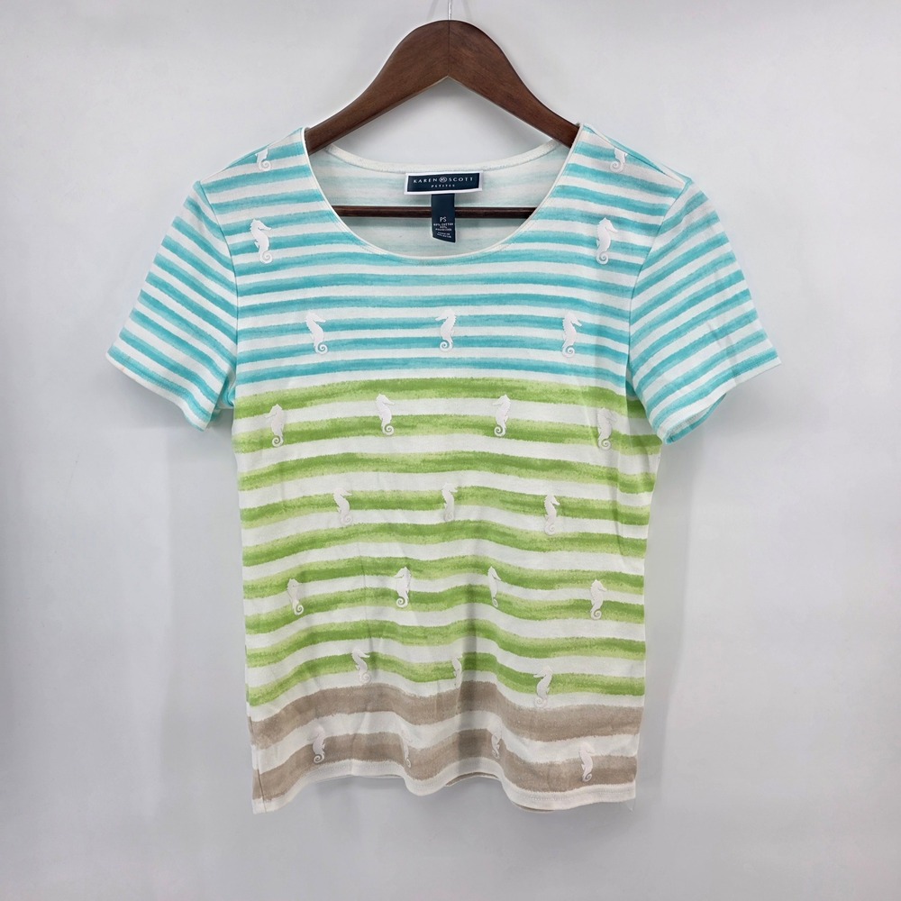 Karen Scott Petites PS Striped‎ Seahorse Short Sleeve Knit Top Blue Green Tan